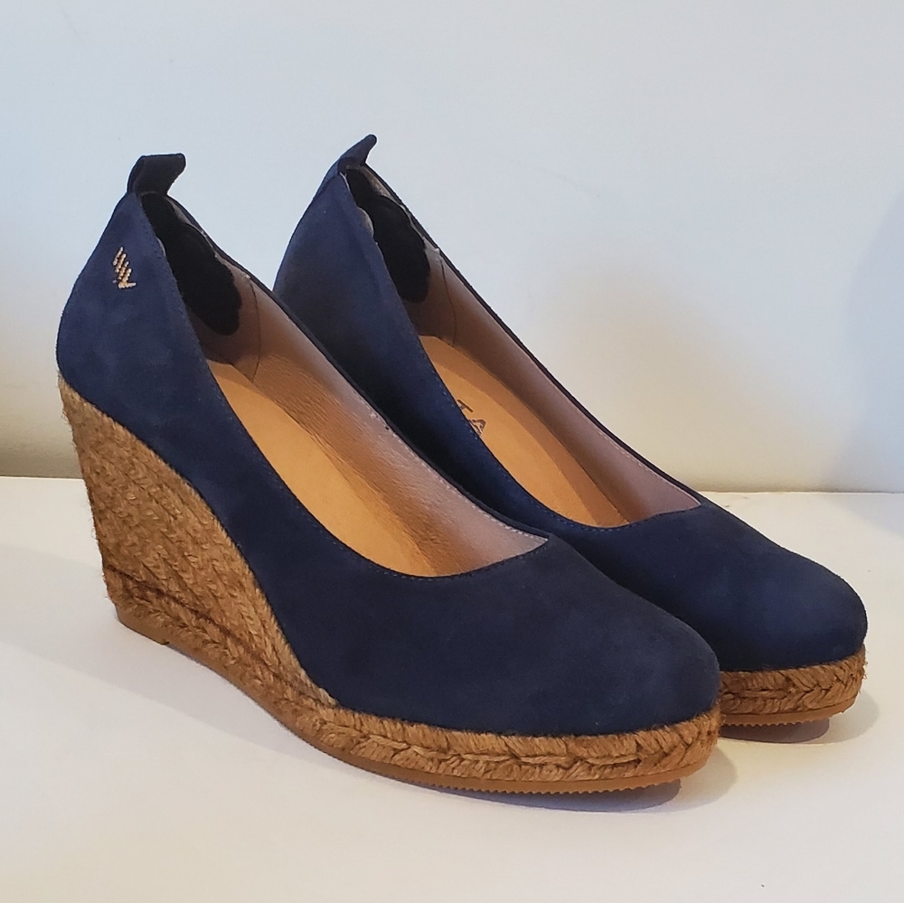 New Viscata Barcelona Roses Suede Wedge Espadrille Slip On Blue Sz EUR 41 US 10